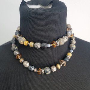 Earth Tone Agate, Pewter, Rhinestone Beaded Layered Necklace